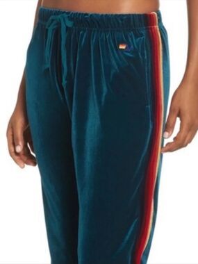 Aviator Nation Teal Velvet Track Pants with Rainbow Side Stripe